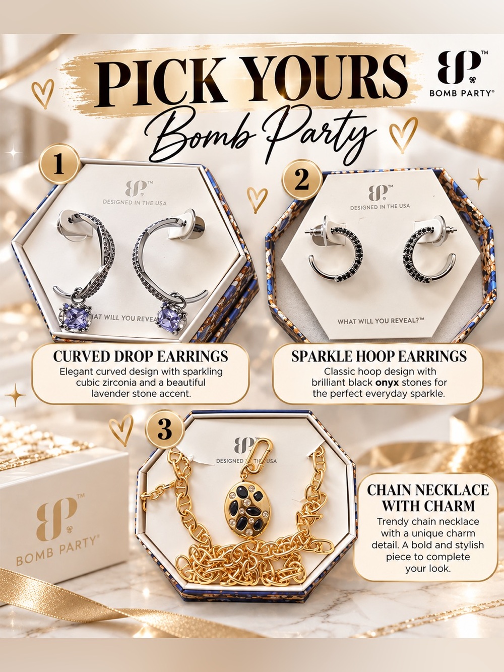 NIB Bomb Party hoops or necklace. Pick your